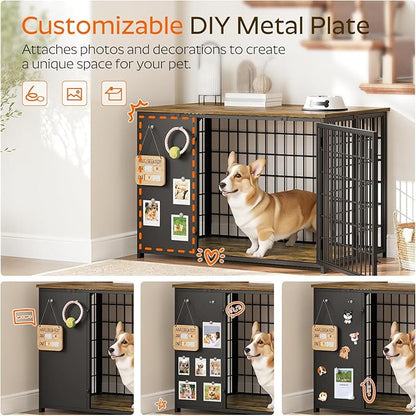 YATINEY Foldable Dog Crate Furniture, Dog Crate with DIY Frame, Heavy Duty Dog Kennel Indoor with Hooks, Wooden Dog Cage End Table, for Small/Medium Dogs, Rustic Brown and Black DC95BR