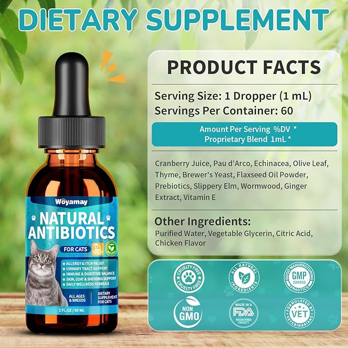 Woyamay Antibiotics for Cats, Natural Antibiotic for Allergy Relief, Urinary Tract Health, Itch Relief & Digestion Care, Cat Allergy Relief for Cats, Cat Immune Support Supplement, 2 Fl Oz
