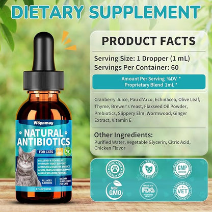 Woyamay Antibiotics for Cats, Natural Antibiotic for Allergy Relief, Urinary Tract Health, Itch Relief & Digestion Care, Cat Allergy Relief for Cats, Cat Immune Support Supplement, 2 Fl Oz