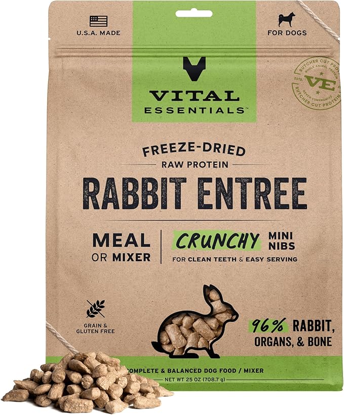 Vital Essentials Freeze Dried Dog Food, Raw Rabbit Crunchy Mini Nibs | Complete Meal or Topper | 96% Rabbit, Organs & Bone | Limited Ingredient, High Protein, Grain Free Dry Dog Food | 25 oz Bag
