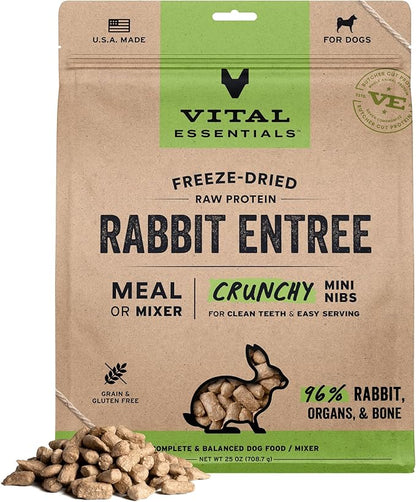 Vital Essentials Freeze Dried Dog Food, Raw Rabbit Crunchy Mini Nibs | Complete Meal or Topper | 96% Rabbit, Organs & Bone | Limited Ingredient, High Protein, Grain Free Dry Dog Food | 25 oz Bag