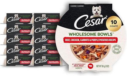 Cesar Wholesome Bowls Adult Wet Dog Food, Beef, Chicken, Purple Potatoes & Carrots, Wet Food for Dogs, 3 Oz. Bowls, 10 Count