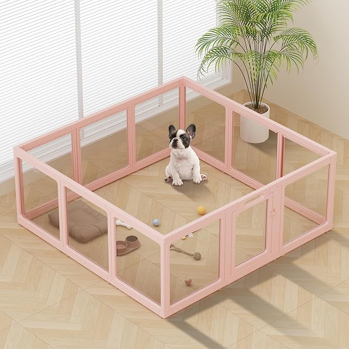 Clear Acrylic Dog Playpen Indoor, Puppy Cat Small Pet Play Pen, Pet Cat Playpen for Rabbits, Dog Fence Crate Kennel Whelping Cage (Pink, 12 Panel)