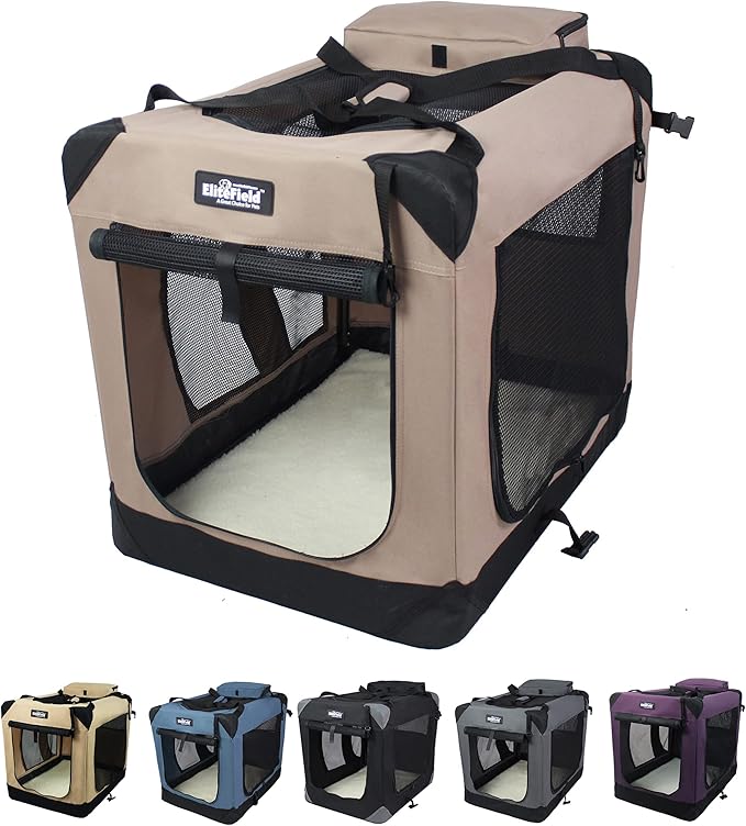 EliteField 3-Door Folding Soft Dog Crate with Carrying Bag and Fleece Bed (2 Year Warranty), Indoor & Outdoor Pet Home (30" L x 21" W x 24" H, Khaki)