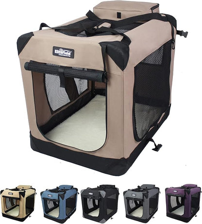 EliteField 3-Door Folding Soft Dog Crate with Carrying Bag and Fleece Bed (2 Year Warranty), Indoor & Outdoor Pet Home (30" L x 21" W x 24" H, Khaki)