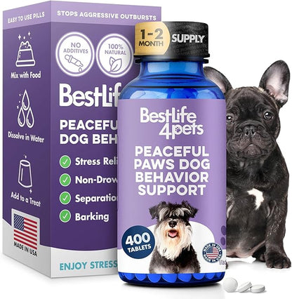 Peaceful Paws Dog Behavior Support – Natural Dog Anxiety Relief and Calming Care for Dogs – Gentle Aid for Separation Anxiety Relief for Dogs, Barking, Travel & Aggression ( 400 Tiny Pills)