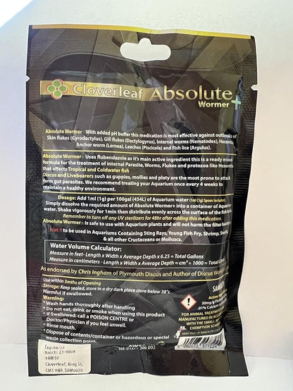 Absolute Wormer Plus (50g) Fish wormer Powder, Rapidly Reduces Gut Parasite Burden. Aquarium Anti-wormer. Effective Against flukes, Worms, parasites, and Fish lice. Internal and External parasites