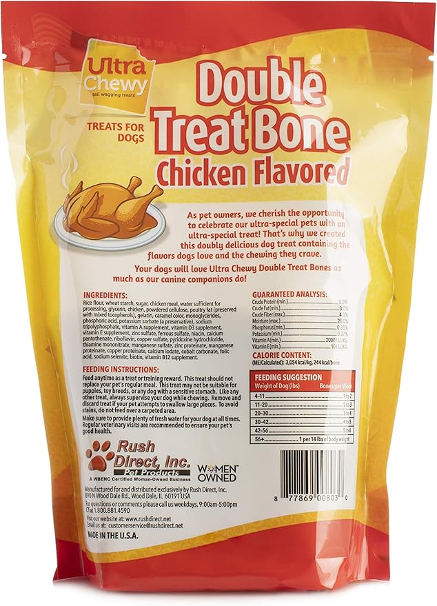 Ultra Chewy Double Treat Bones: Long-Lasting Dog Treats Made in USA for Large and Small Breeds, Highly Digestible, Ideal for Aggressive Chewers (Chicken, 2 Value Packs)