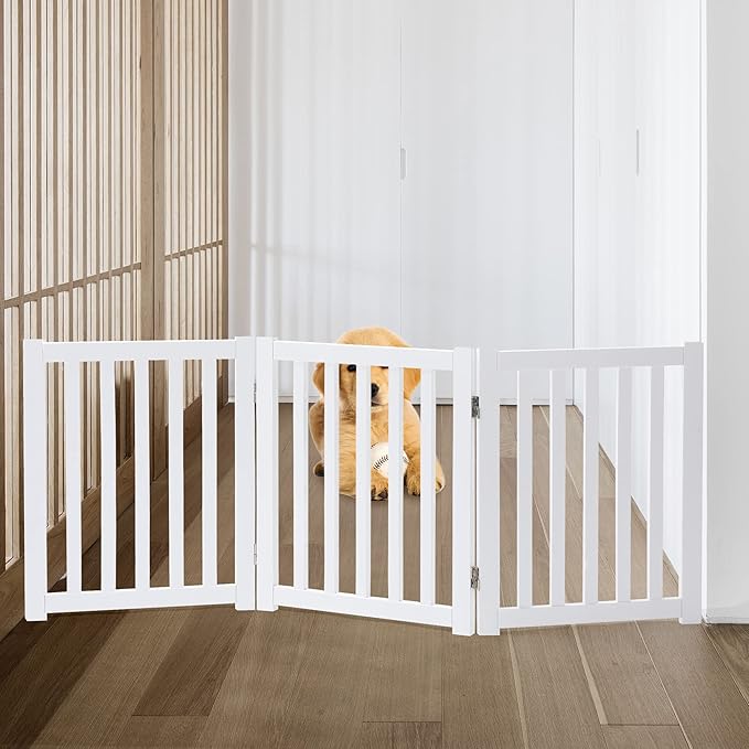 LZRS 3-Panel Wooden Free Standing Foldable Dog Gate Indoor – 24" High,Step-Over Safety Pet Gate for Doorways, Stairs, Hallways, Indoor Dog Barrier for Small to Medium Dogs & Puppies, White