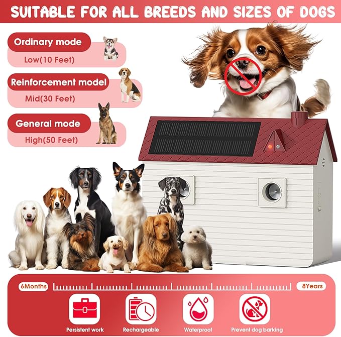 Dog Bark Deterrent Devices: Ultrasonic Anti Barking Device for Dogs with 3 Training Modes 50 FT | Solar Dog Barking Deterrent Devices | Stop Barking Dog Device for Indoor (Red)