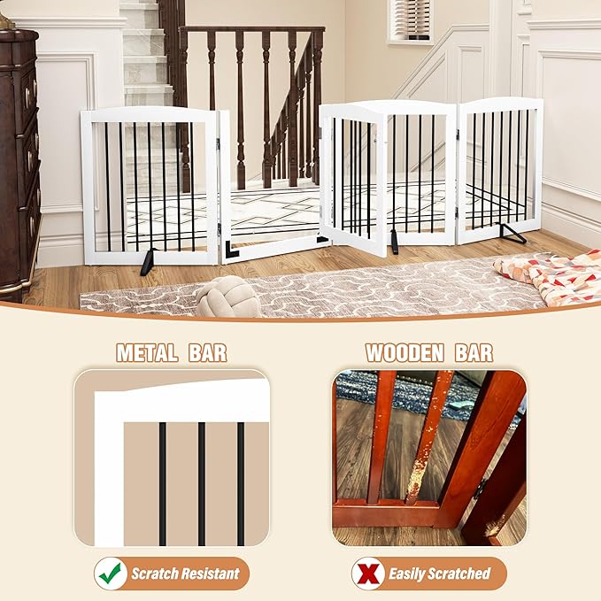 PUPETPO Freestanding Dog Gate with Door, Pet Gate for Stairs, 80 inch Wide Pet Barrier Indoor, Dog Fences Indoor, Support Feet Included, 4 Panels, 24" Tall, White & Black