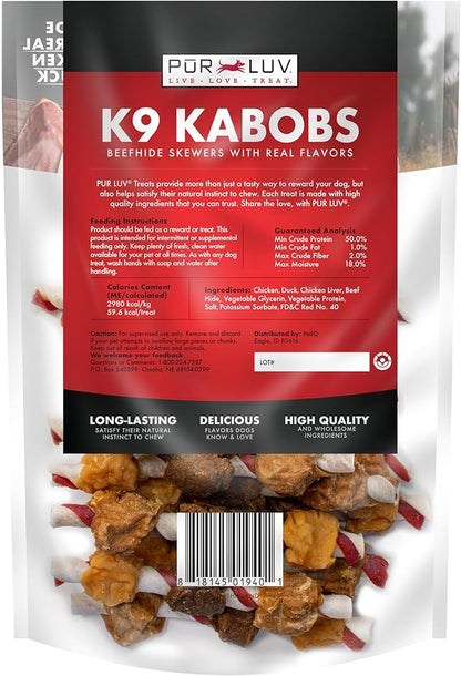 Pur Luv Dog Treats, K9 Kabobs Made with Real Chicken and Duck, 12 Ounces, Dog Snacks, Healthy, Easily Digestible, Long-Lasting, High Protein Treat, Satisfies Urge to Chew