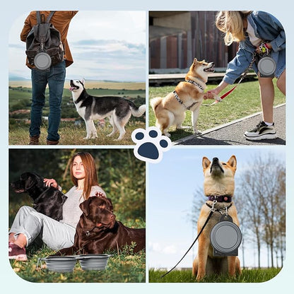 Pawaboo 2-in-1 Collapsible Dog Bowls, Dual Puppy Food and Water Bowls, 180° Flip Over Portable Silicone Dog Bowl with Metal Hook, 450ml Pet Travel Feeder Bowl for Walking Hiking Camping, Gray