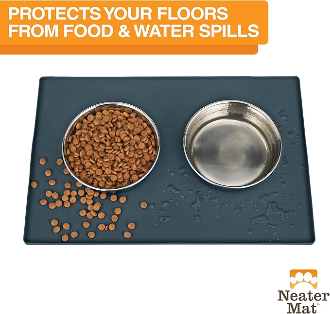 Neater Pet Brands Neater Mat Pet Mats for Food and Water, Cat & Dog Bowl Mat Waterproof Silicone, Feeding Tray, Dog Food Mats for Floors, Placemat w/Raised Edge for Under Bowls, 24" x 16", Slate Blue