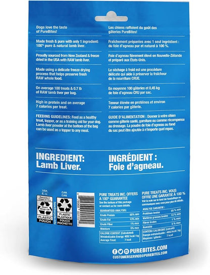 PureBites Lamb Liver Freeze Dried Dog Treats, 1 Ingredient, Made in USA, 3.35oz