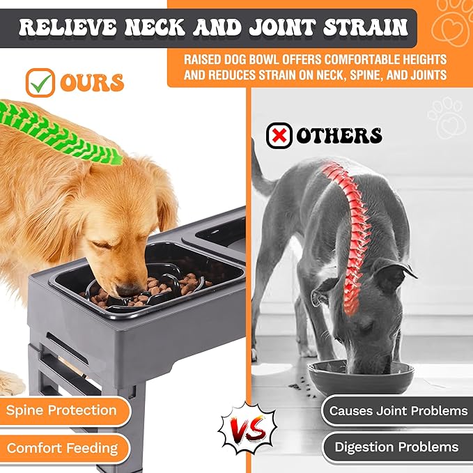 Dog Bowls Elevated Large Breed, Raised Dog Bowl Stand with 4 Adjustable Height, Slow Feeder Dog Bowls & No-Spill Water Bowl for Small, Medium, Large Dogs