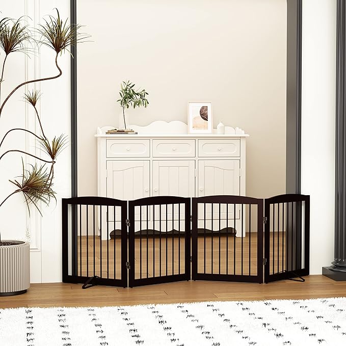 PUPETPO Freestanding Pet Gate for Dogs, Foldable Wooden Dog Gate for House, Indoor Dog Gate for Stair, Doorway, Gates for Dogs Indoor, 80 Inch Wide, 4 Panels 24",Brown