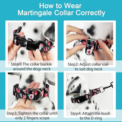 Martingale Collar for Dogs Pink Floral Dog Collars for Small Dogs with Buckle Girl Female Soft Nylon Dog Collar (Black Pink Rose, S)
