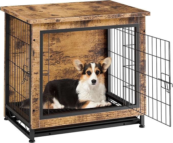 Vongrasig Dog Crate Furniture, Side End Table, Modern Wooden Kennel for Dogs Indoor, Heavy-Duty Dog Cage with Multi-Purpose Removable Tray, Double-Door Dog House, Rustic Brown