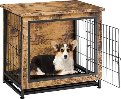 Vongrasig Dog Crate Furniture, Side End Table, Modern Wooden Kennel for Dogs Indoor, Heavy-Duty Dog Cage with Multi-Purpose Removable Tray, Double-Door Dog House, Rustic Brown