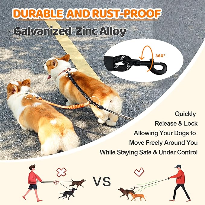 Double Dog Leash - 360°Swivel Tangle Free Splitter Attachment, 1 Rope with Handle, 2 Dogs Multi-Functional Leash, for Outdoor Walk Train Small Medium Large Two Pet, Orange