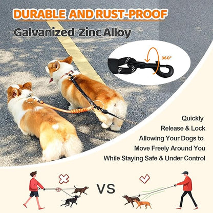 Double Dog Leash - 360°Swivel Tangle Free Splitter Attachment, 1 Rope with Handle, 2 Dogs Multi-Functional Leash, for Outdoor Walk Train Small Medium Large Two Pet, Orange
