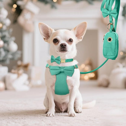 Beirui Adorable Small Dog Harness Collar and Leash Set,Cute XXS Puppy Harness Set with 3 Bows for Tiny Dogs,Chihuahua,Adjustable Step-in Vest for Daily Walking,Parties&Holiday Outfits(Teal,XXS)