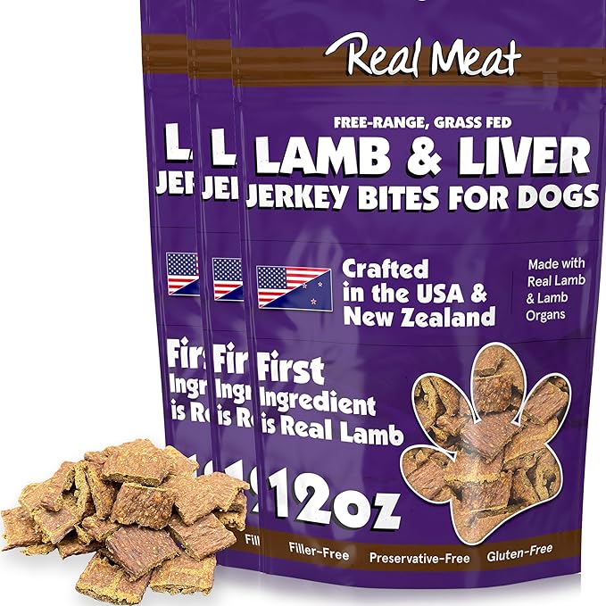 Real Meat Dog Treats - Three 12oz Bag of Bite-Sized Air-Dried Lamb & Liver Jerky for Dogs - Grain-Free Jerky Dog Treats Made up of 95% Quality, Free-Range, Grass Fed Lamb - All-Natural Dog Treats