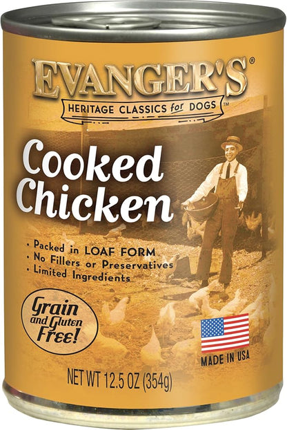 Evanger's Heritage Classics Cooked Chicken Dog Food – 12 Count, 12.5 oz Each – Grain & Gluten Free, Simple Meat-Based Diet – Supplemental & Intermittent Feeding