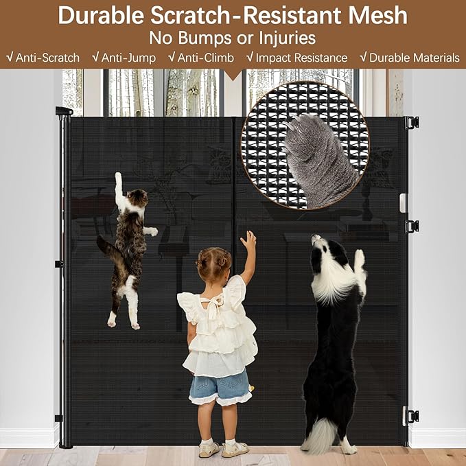 Reinforced 55" Extra Tall Pet Gate for Doorway - No Jumping Over, 55" Wide Retractable Baby Gates with Support Rods - No Crawling Under, Climb Proof Cat Gate for Stairs Tall Retractable Dog Gate/Black