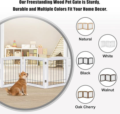 LZRS 3-Panel Freestanding Foldable Wooden Dog Gate –Solid Wood & Steel Wire Chew-Resistant Indoor Safety Pet Fence for Doorways & Stairs, Ideal for Small to Medium Dogs & Puppies, White