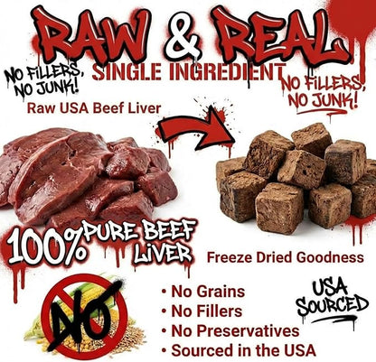 Freeze Dried Beef Liver for Dogs & Cats – Single Ingredient Dog Treats – USA Sourced & Made – High Protein, All Natural, Grain Free – Raw Freeze-Dried Training Treats (3oz)