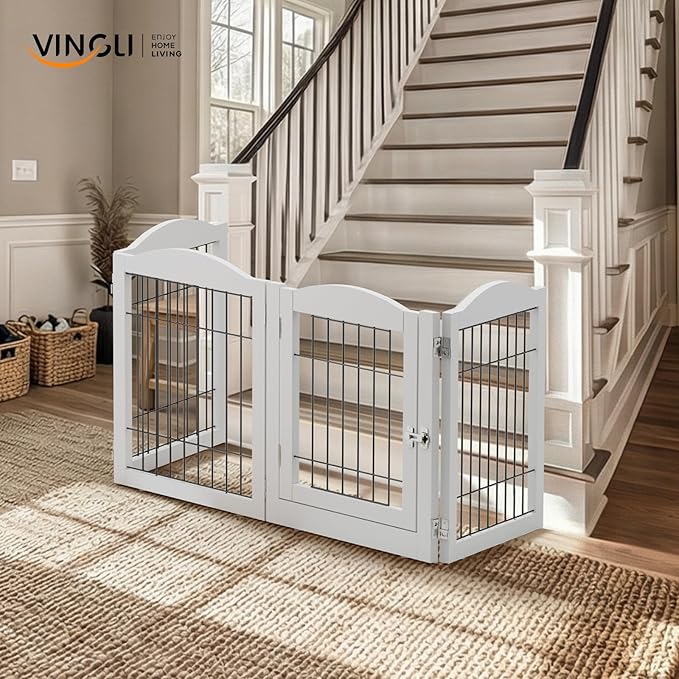 Bonnlo Freestanding Dog Gate, 24" H Pet Gate with 4 Panel Walk Through Door, Foldable Dog Safety Fence for Stairs Doorways Fireplace Up to 146'' Wide (White, 24" H-4 Panels with Door)