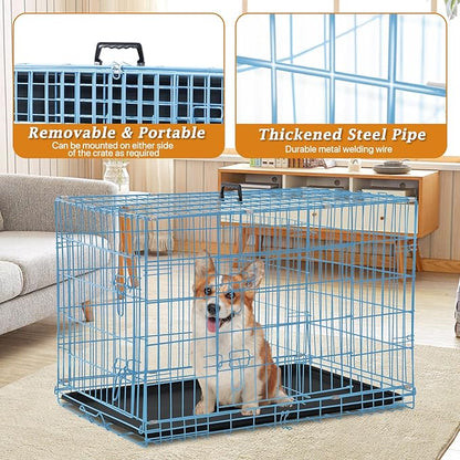 Folding Dog Crate 36" Metal Portable Outdoor Double Door Wire Large Cat Pet Dog Cage Kennel with ABS Tray LC & Divider, Blue
