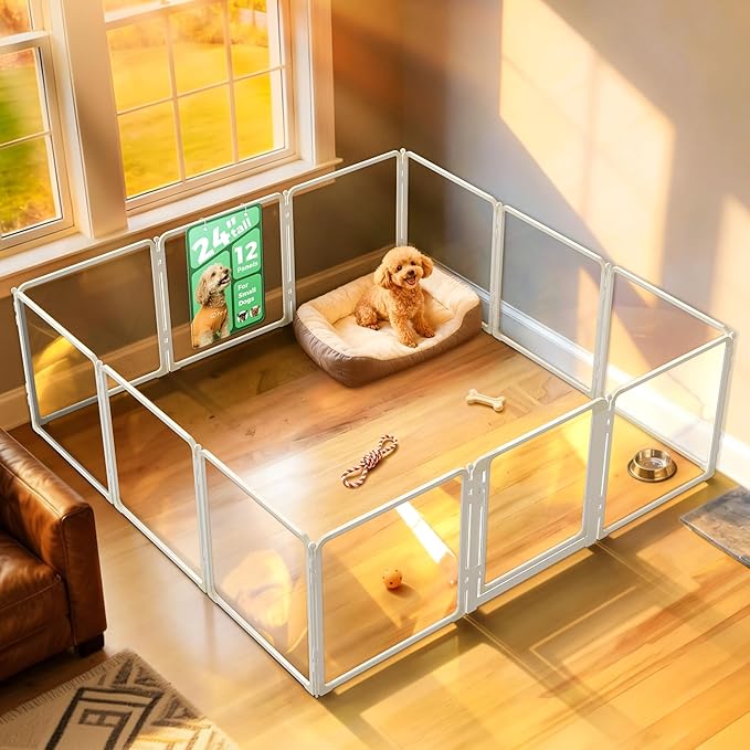 FXW AuraSpace Pro Acrylic Indoor Dog Playpen, Heavy-Duty with Metal Frame, 24" Height 12 Panels for Puppies & Small Dogs, White│Patented