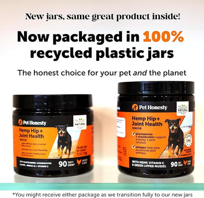 Senior Hemp Hip and Joint Supplement for Dogs - Glucosamine Chondroitin, MSM & Green Lipped Mussel - Relief for Joint Stiffness, Advanced Strength Mobility Support for Senior Dogs (Chicken, 90 Ct)