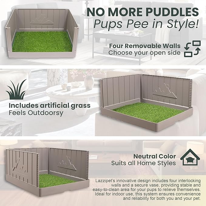 Pup en Suite Potty - Dog Litter Box, Pee Pad Holder with High Walls, Indoor Dog Potty Tray for Potty Training, Easy to Build Pee Pad Holder with Turf Patch, Dog Grass Pad Reusable with Tray