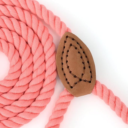 Mile High Life Dog Leash, Braided Cotton Rope Leashes with Leather Tailor Tip with Leather Tip - Heavy Duty Metal Clasp, 5FT, 1/2" Thick - Wedding, Walking Leash for Medium Large Dogs(Pink)
