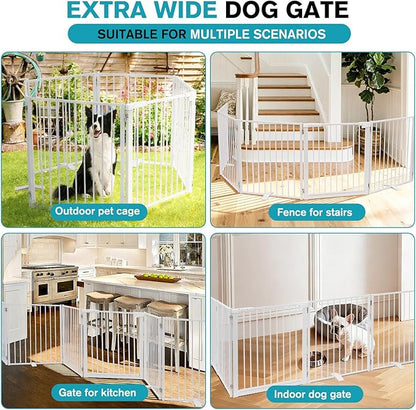 Snagle Paw Extra Wide Dog Gate,Free Standing Dog Fence with Door, Up to 156 Inch Wide Pet Gate with Support Feet for Stairs, Hallways, Doorways, Yard (White, 6 Panels)