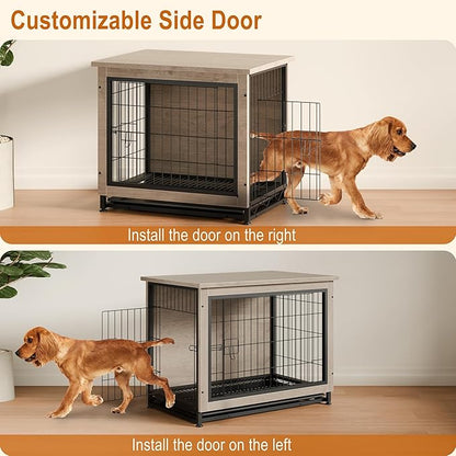 Vongrasig Dog Crate Furniture, Side End Table, Modern Wooden Kennel for Dogs Indoor, Heavy-Duty Dog Cage with Multi-Purpose Removable Tray, Double-Door Dog House, Grey