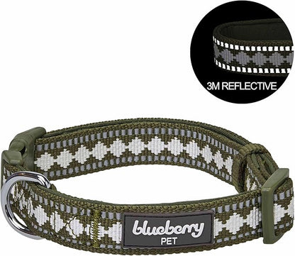 Blueberry Pet 3 Colors 3M Reflective Jacquard Neoprene Padded Adjustable Dog Collar, Olive