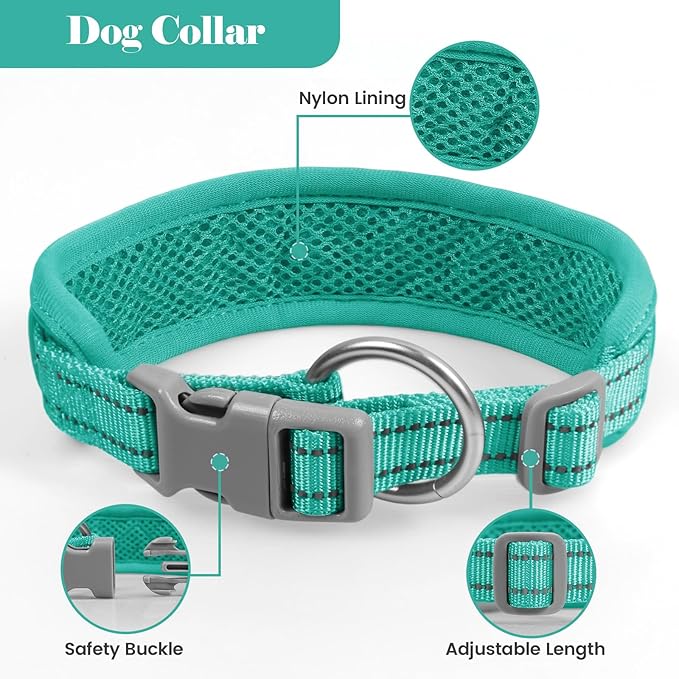 Reflective Dog Collar Leash Set, Adjustable Soft Dog Collar Leash with Poop Bag Holder Dispenser for Small Medium Large Dogs, Multiple Color Available, Teal, Large