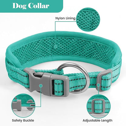 Reflective Dog Collar Leash Set, Adjustable Soft Dog Collar Leash with Poop Bag Holder Dispenser for Small Medium Large Dogs, Multiple Color Available, Teal, Large