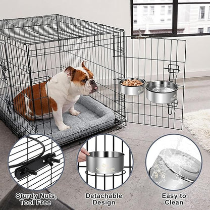 Dog Kennel Bowls for Crates, ShineMe 54oz & 34oz Dog Food Bowl and Crate Water Bowl No Spill, Stainless Steel Dogs Bowls Mountable 2 Pack, Silver (7.1x2.9” & 6.2x2.6”)
