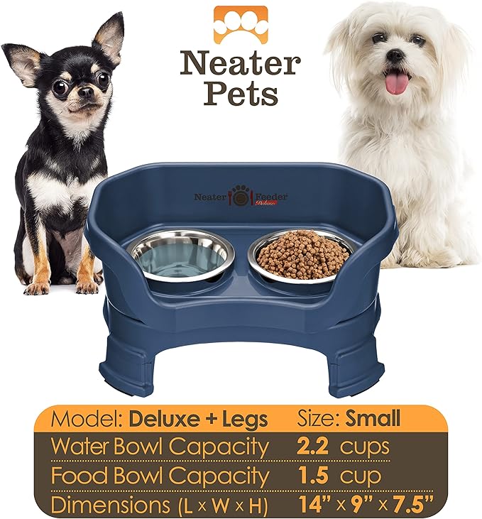Neater Feeder Deluxe Mess-Proof Elevated Dog Bowls for Small Dogs (Up to 19 lbs), 2 Height Adjustable (6” & 7.5”) No-Spill Raised Dog Bowl Stand, Stainless Steel Food Bowl Set, Made in USA, Dark Blue