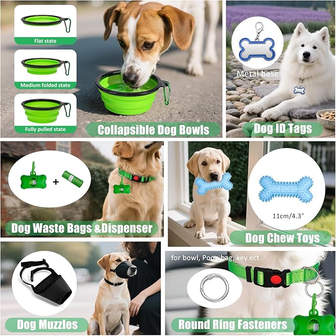 No Pull Dog Harness Adjustable Collar & Leash Set - Dog Halter Harnesses Collapsible Bowls & Poop Bag Dispenser Muzzle ID Tags Toys Fits Small Medium Large Dogs (Green-M)