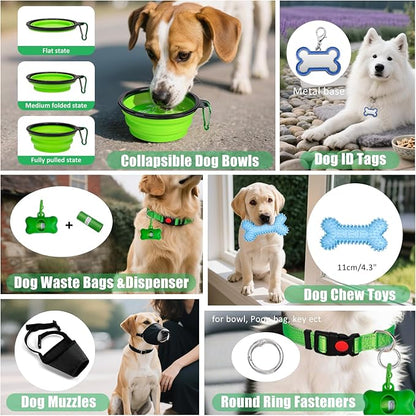 No Pull Dog Harness Adjustable Collar & Leash Set - Dog Halter Harnesses Collapsible Bowls & Poop Bag Dispenser Muzzle ID Tags Toys Fits Small Medium Large Dogs (Green-L)