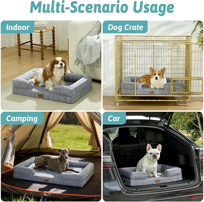 Cooling Dog Bed for Extra Large Dogs, Q-Max >0.4 Summer Cool Orthopedic Foam Pet Sofa Bed with Sides, Bolster Anti-Slip Couch with Washable Removable Cover, XXL 48x35x7.5 inch, Dark Grey