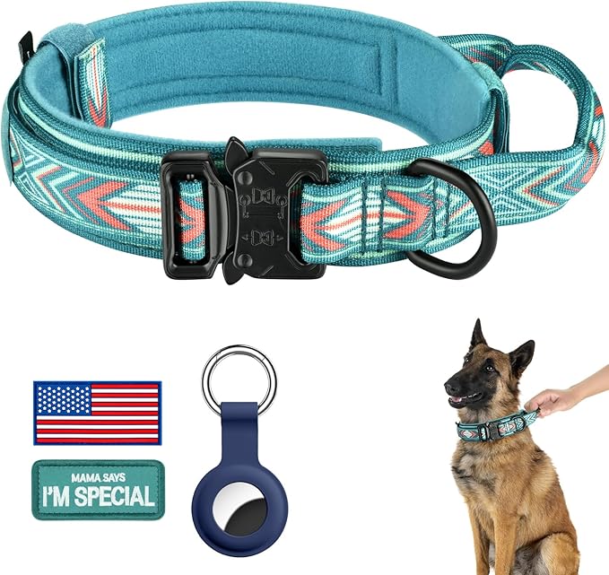 DAGANXI Tactical Dog Collar, Adjustable Military Training Nylon Dog Collar with Control Handle and Heavy Metal Buckle for Medium and Large Dogs, with Patches and Airtags Case (M, Green Arrow)