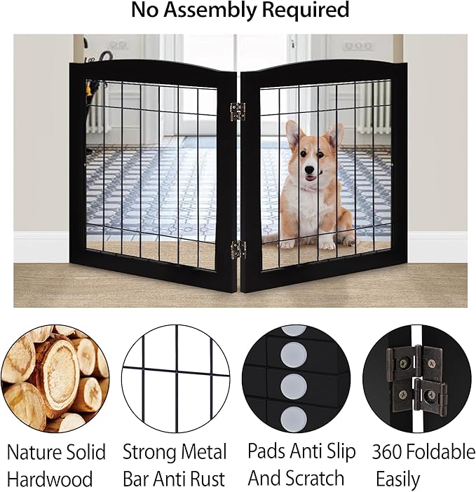 LZRS 2-Panel Freestanding Foldable Wood Dog Gate – Solid Wood & Steel Wire, Chew-Resistant Pet Barrier for Indoor Use, Ideal for Small to Medium Dogs, Black